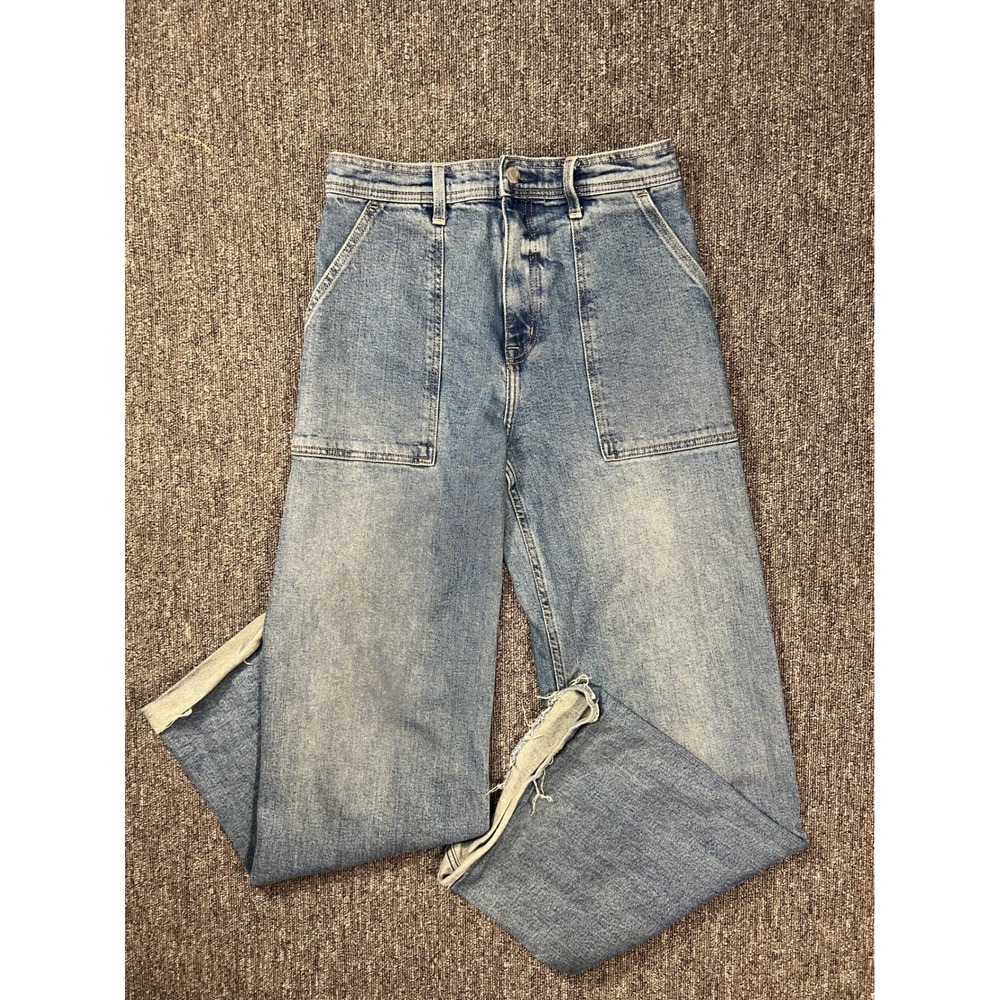 Pistola Penny Utility Canal Wide Leg Jeans 27 Light Wash High Rise Raw Hem Boho
